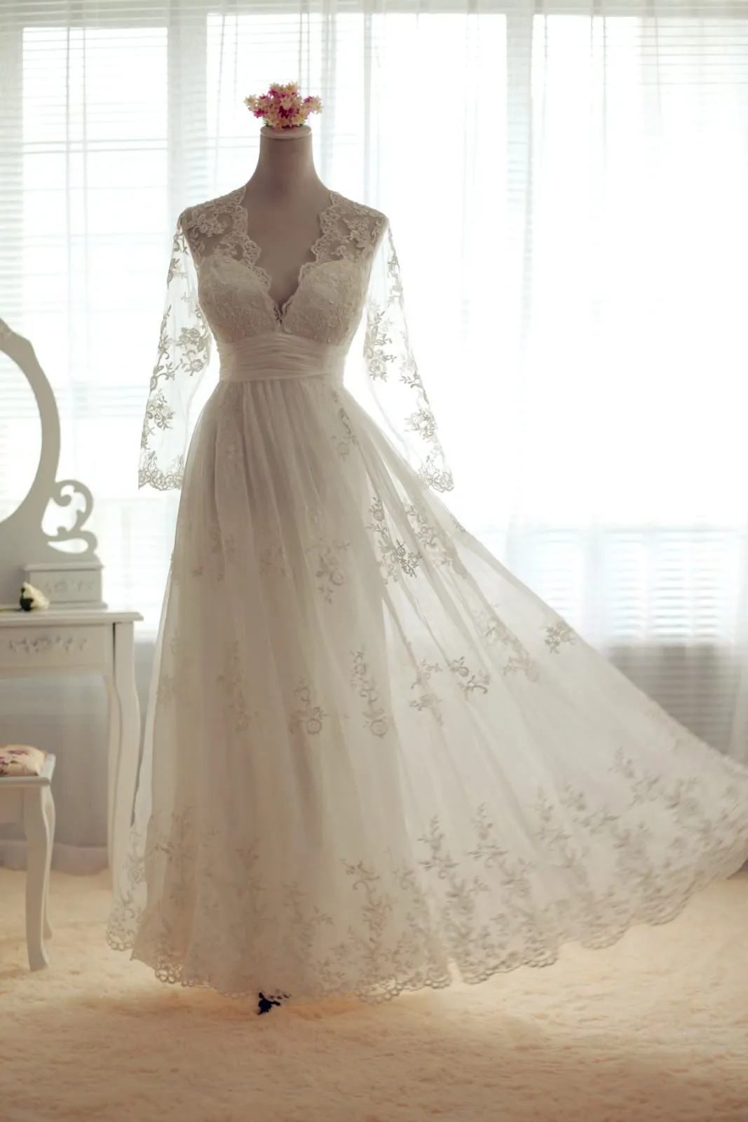 A-line Scalloped V-neck Sheer Long Sleeves Empire Waist Pleated Sweep Lace Wedding Dress