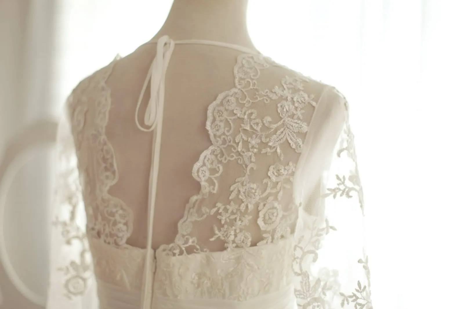 A-line Scalloped V-neck Sheer Long Sleeves Empire Waist Pleated Sweep Lace Wedding Dress