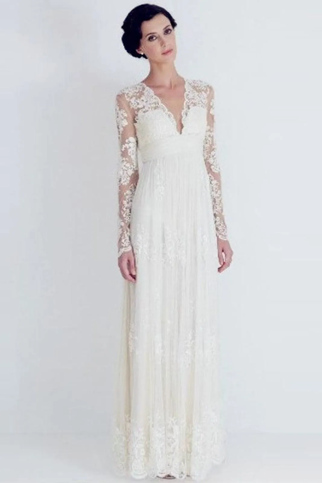 A-line Scalloped V-neck Sheer Long Sleeves Empire Waist Pleated Sweep Lace Wedding Dress