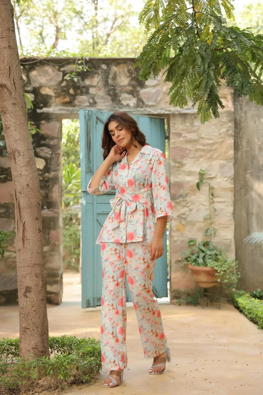Beautiful Designer Floral Printed Lapel Cotton Co Ord Set