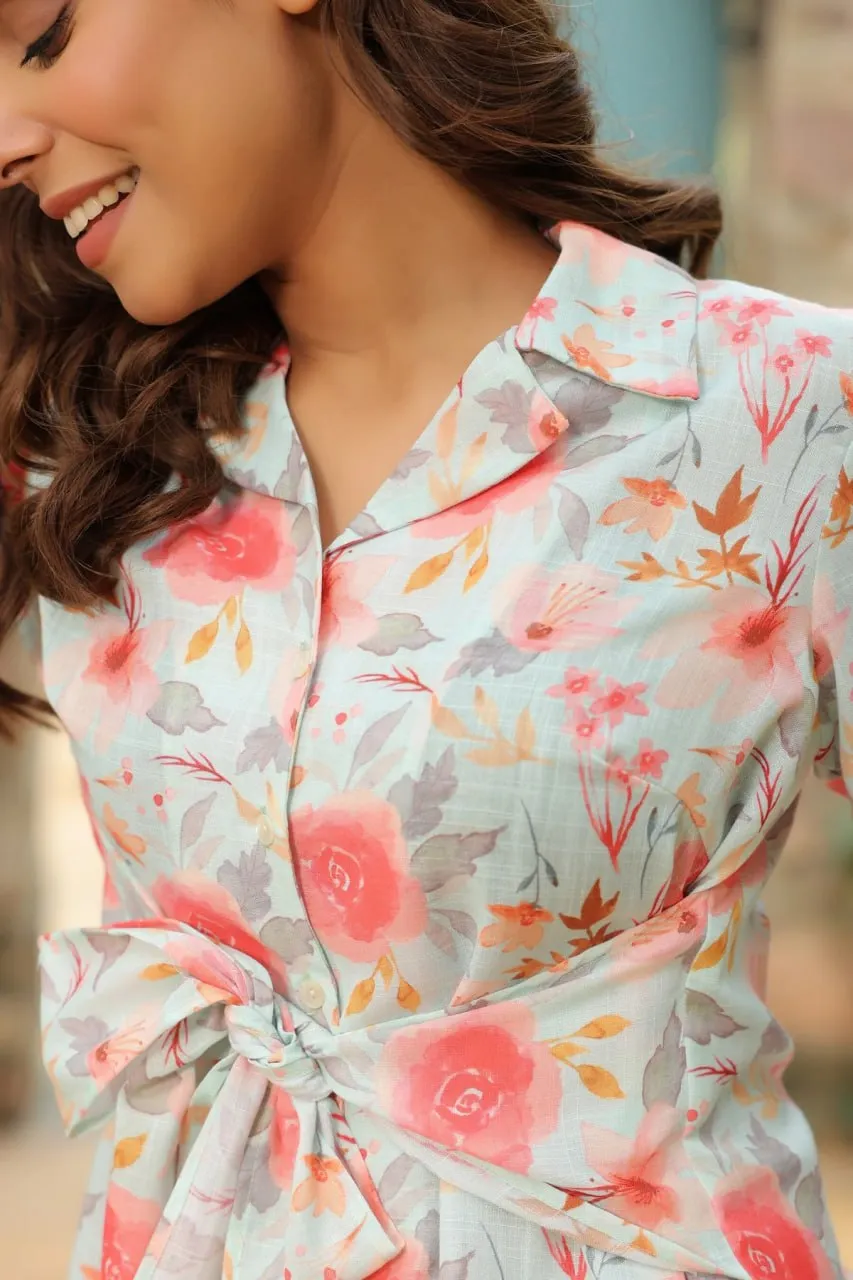Beautiful Designer Floral Printed Lapel Cotton Co Ord Set