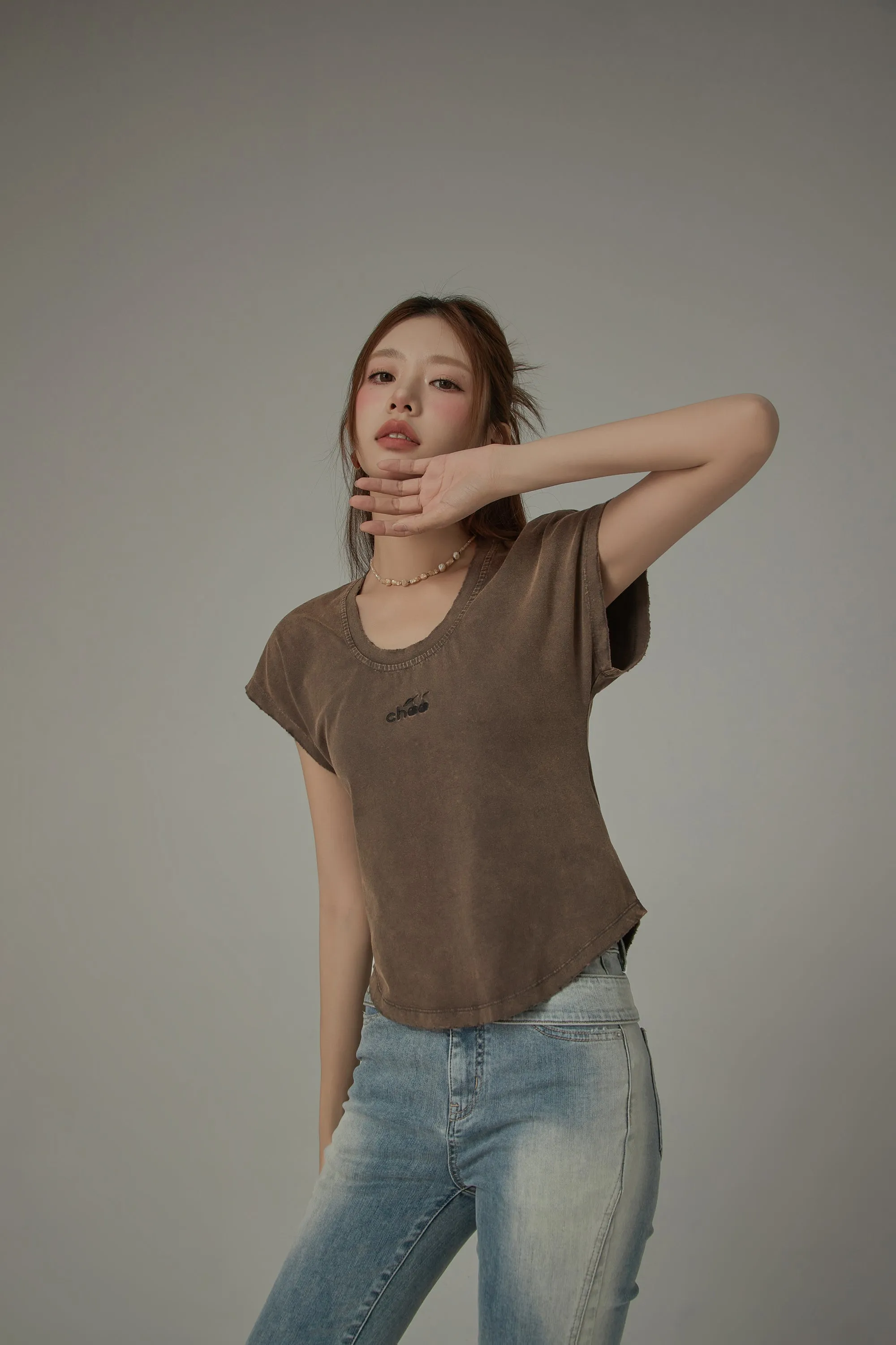 Cherry Embroidered U Neck Short Sleeve T-Shirt