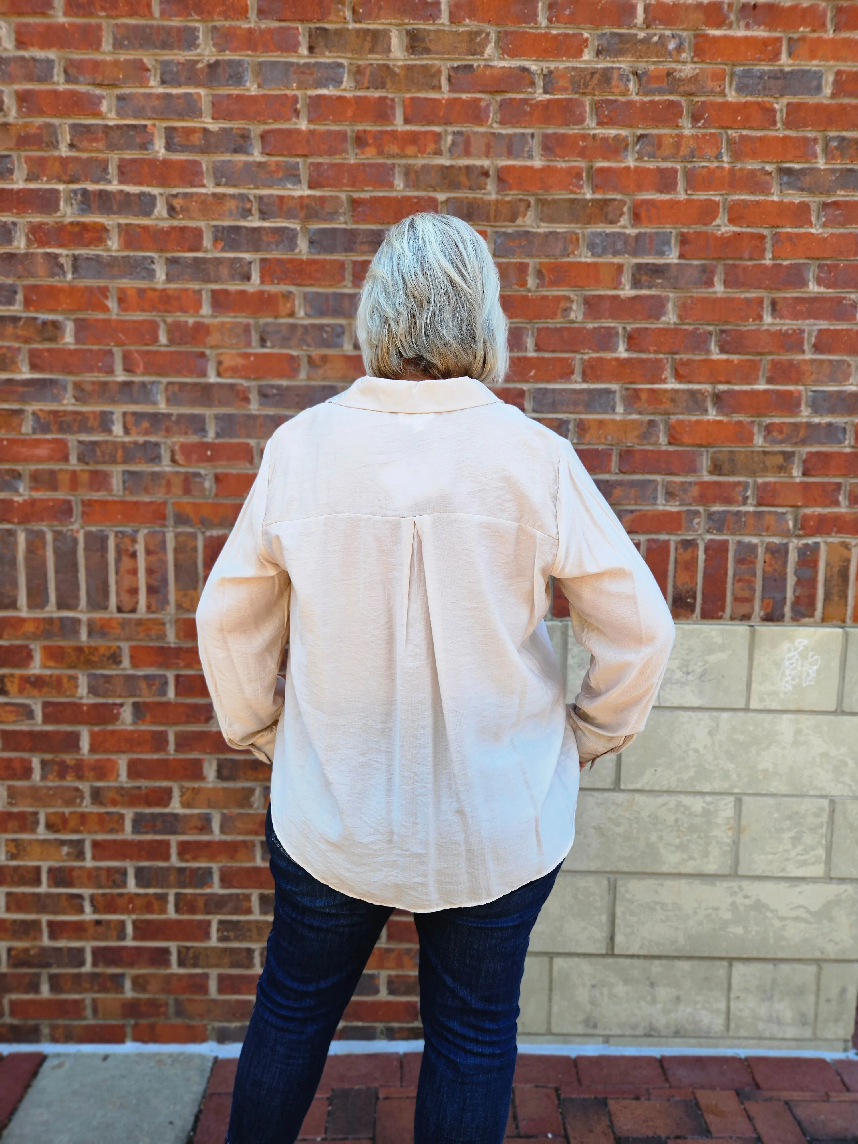 Collared Split Neck Roll Up Sleeve Top in Beige
