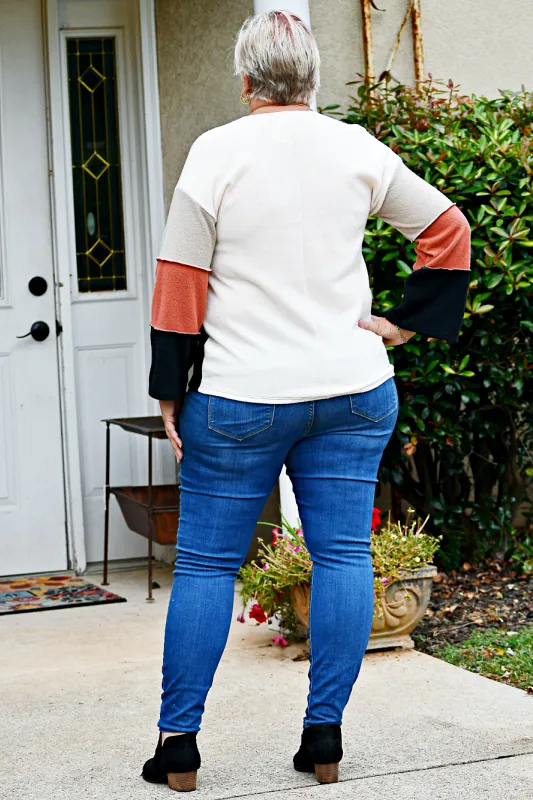 Color Block Reversed Coverstitch Detail Top in Cream