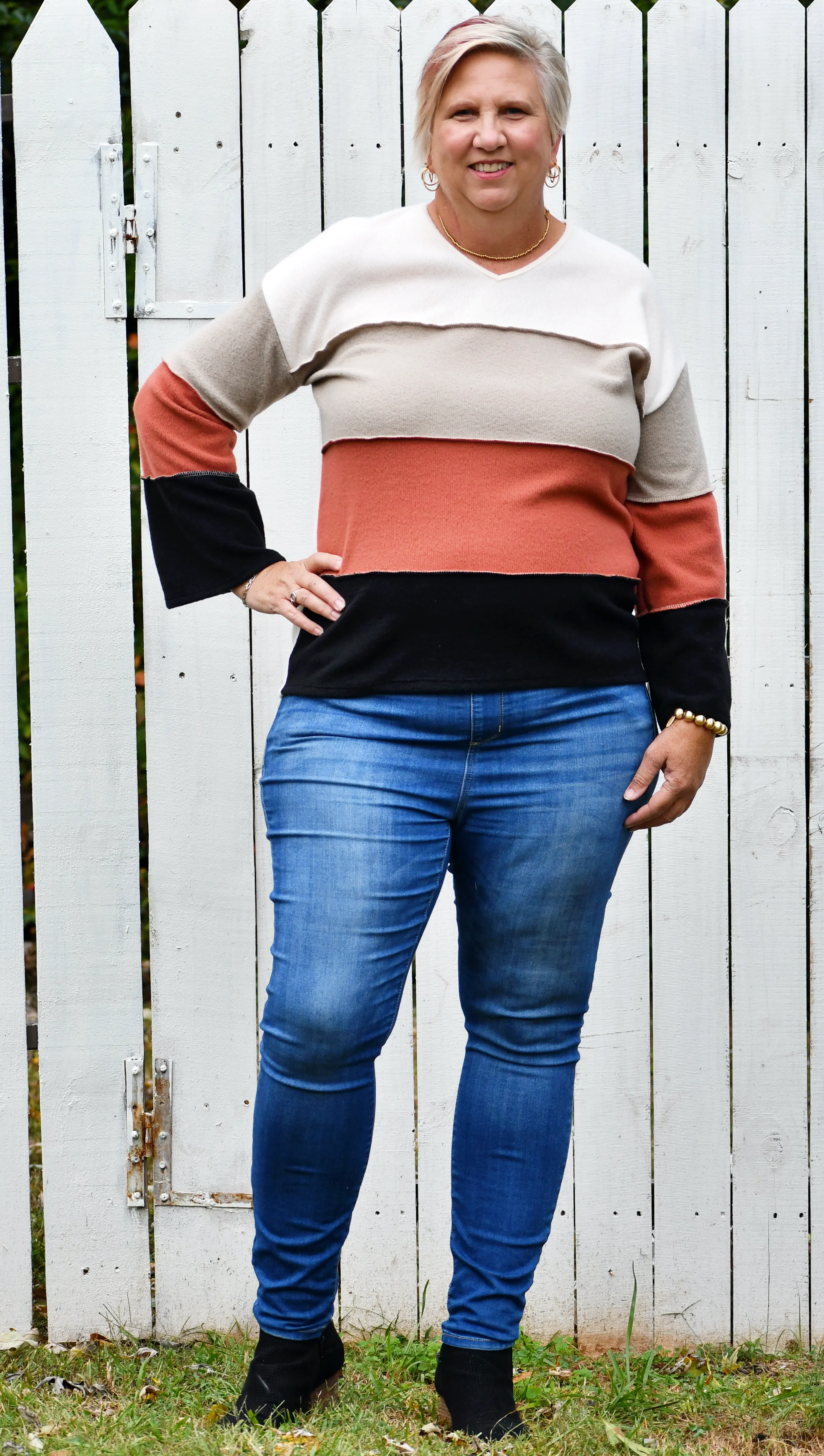 Color Block Reversed Coverstitch Detail Top in Cream