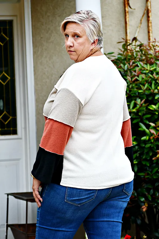Color Block Reversed Coverstitch Detail Top in Cream