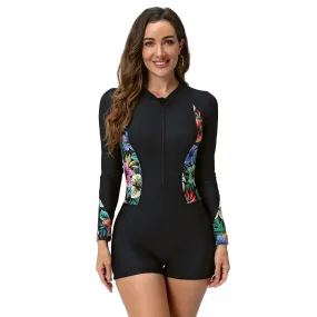 FYMNSI Womens One Piece Swimsuits Rash Guard Long Sleeve Zip Up Rashguard Shirts Boyleg Surf Board Shorts UV Sun Protection Swimwear Surfing Athletic Padded Swim Bathing Suits UPF 50 Black Floral XL