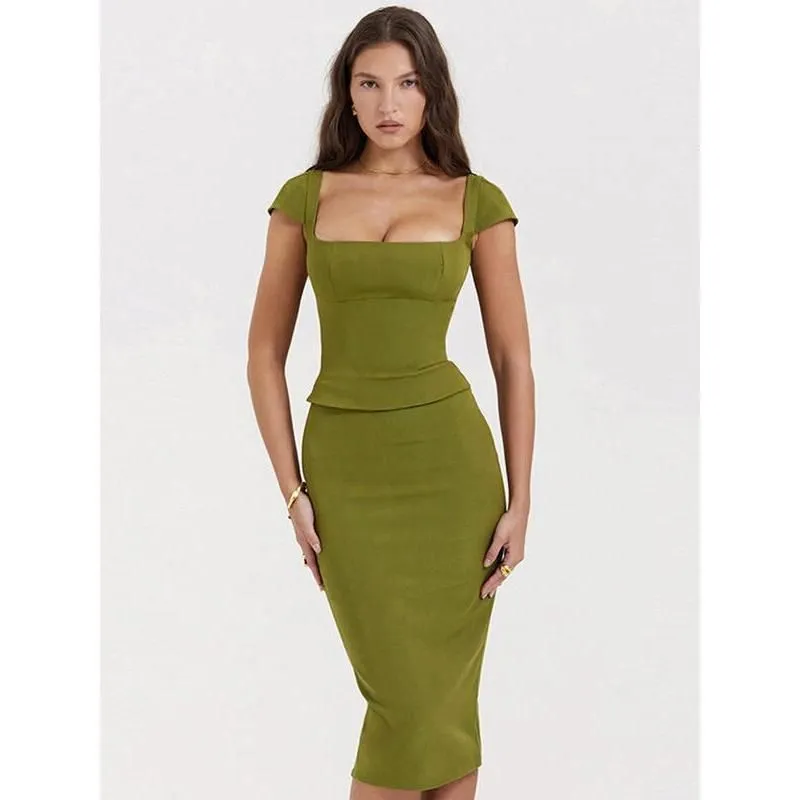 Green Sexy Women Two Piece Set - Square Collar Short Sleeve Tops And Midi Skirt Matching Sets