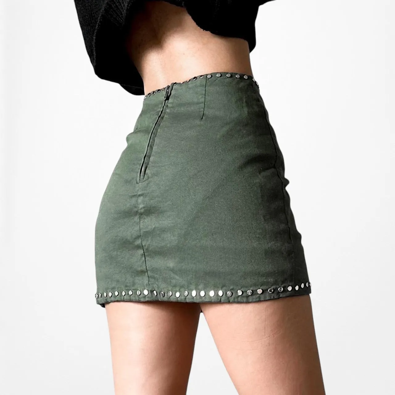 Ivy Revel Camo Green Gold Studded Bodycon Mini Skirt Size XS/S