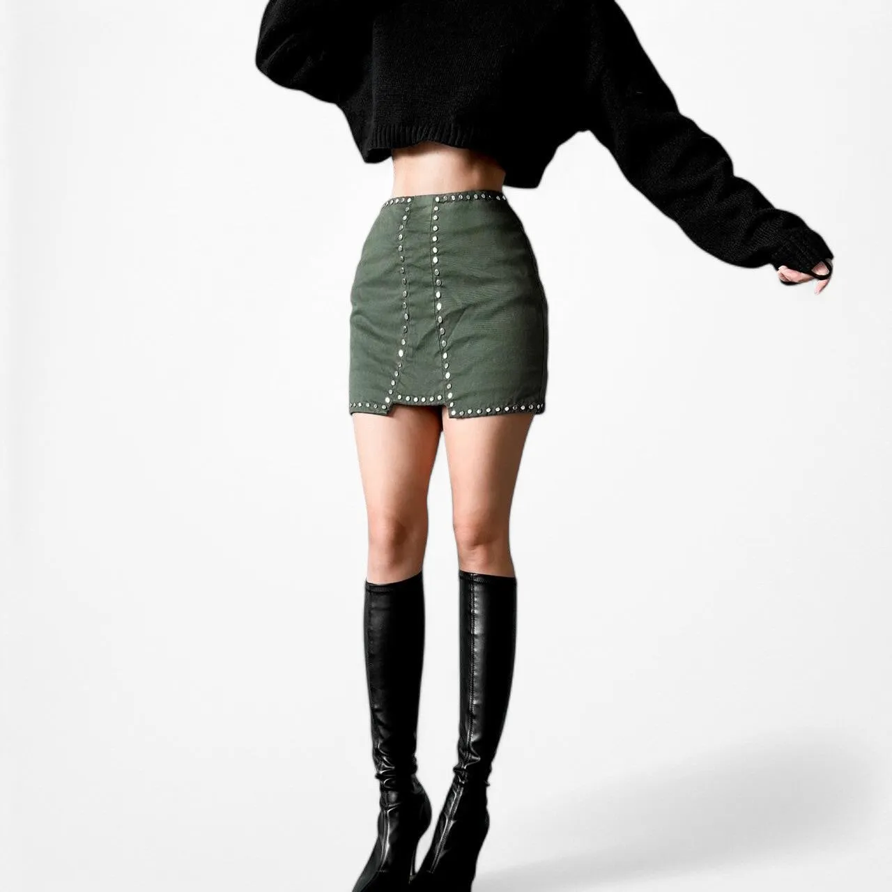 Ivy Revel Camo Green Gold Studded Bodycon Mini Skirt Size XS/S