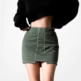 Ivy Revel Camo Green Gold Studded Bodycon Mini Skirt Size XS/S