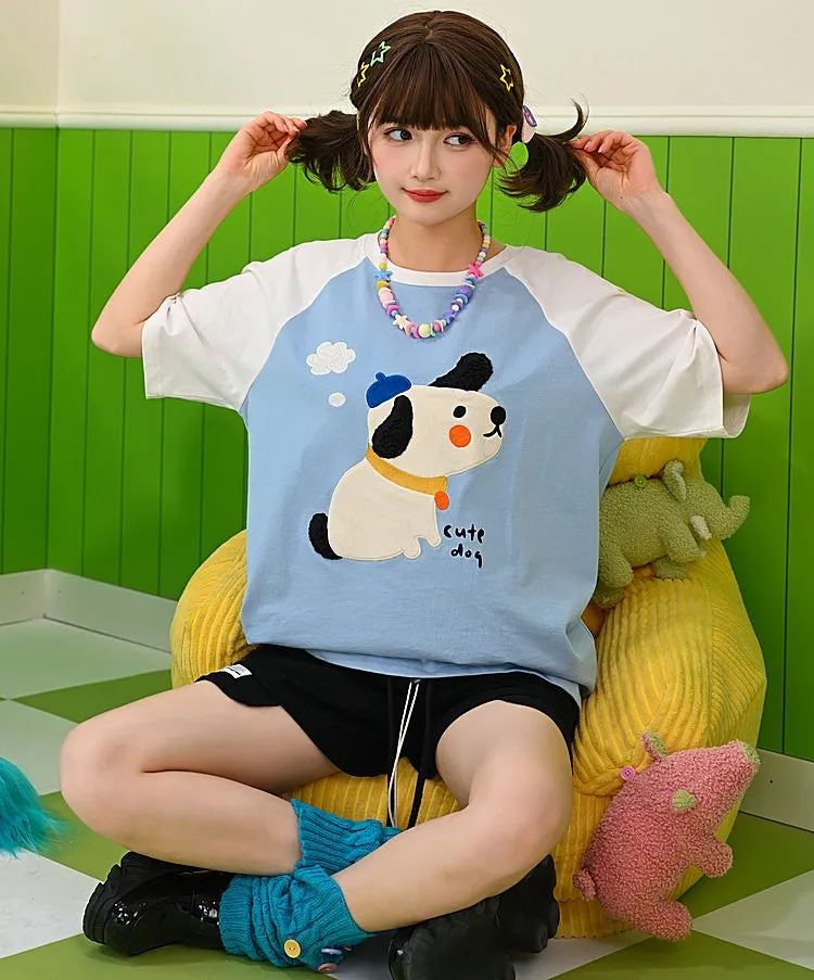 Kawaii Blue Cute Dog Print T-shirt