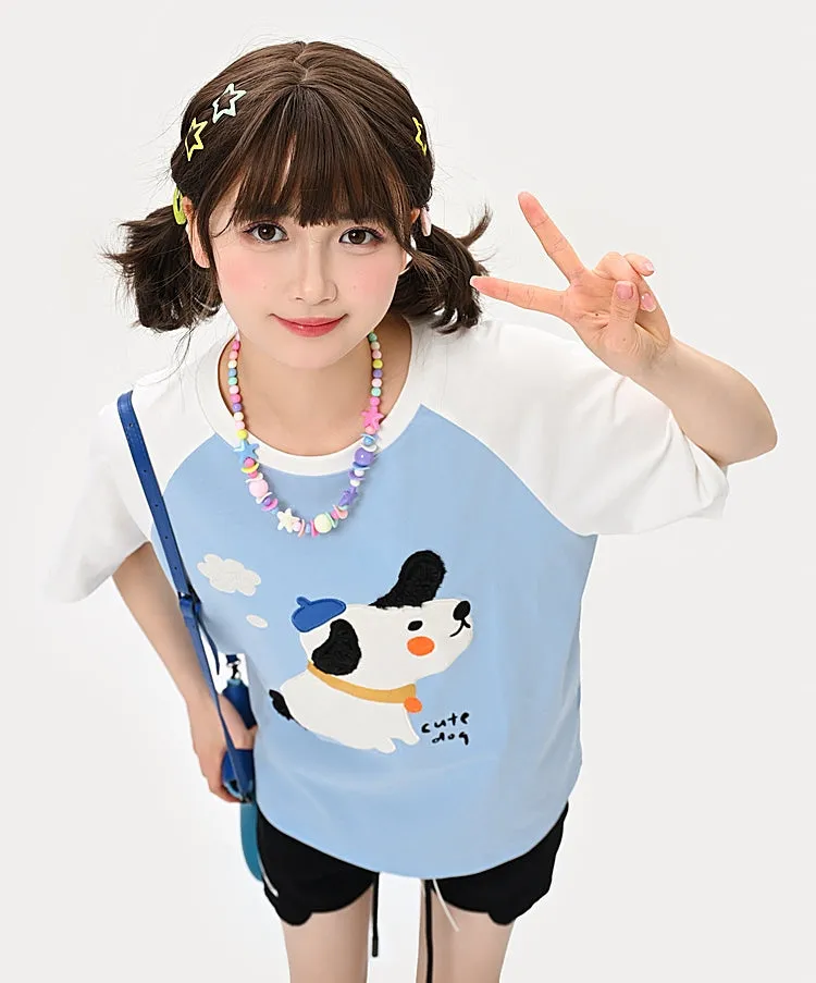 Kawaii Blue Cute Dog Print T-shirt