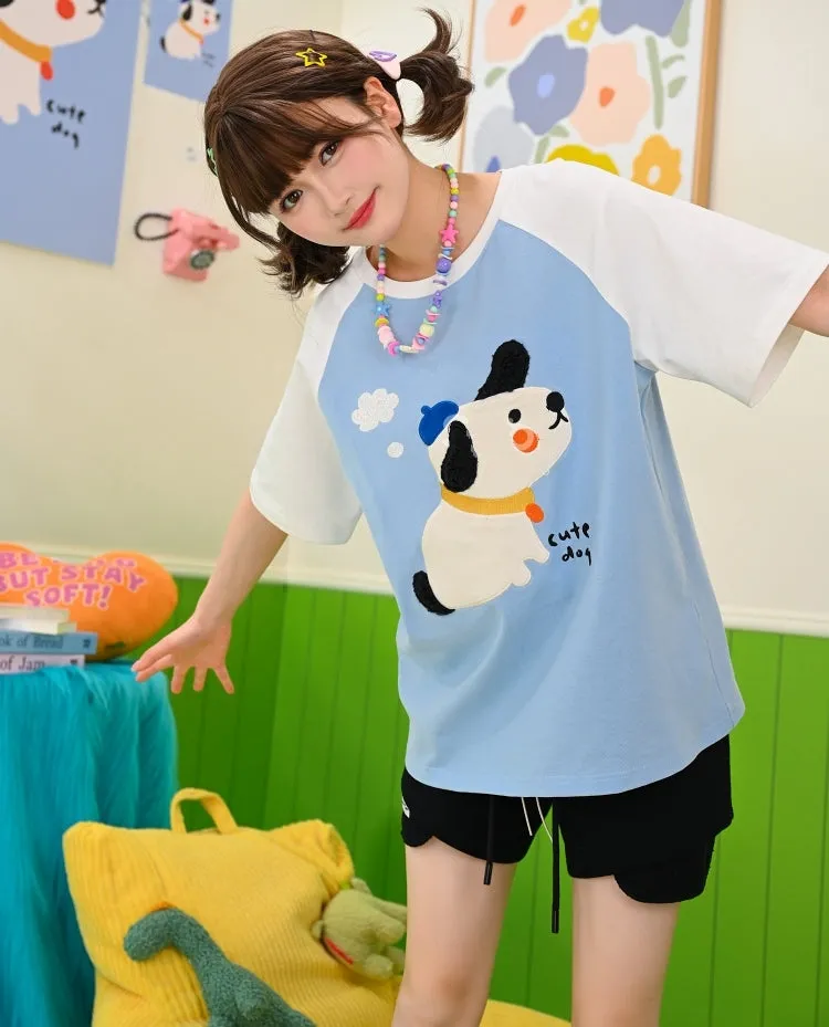 Kawaii Blue Cute Dog Print T-shirt