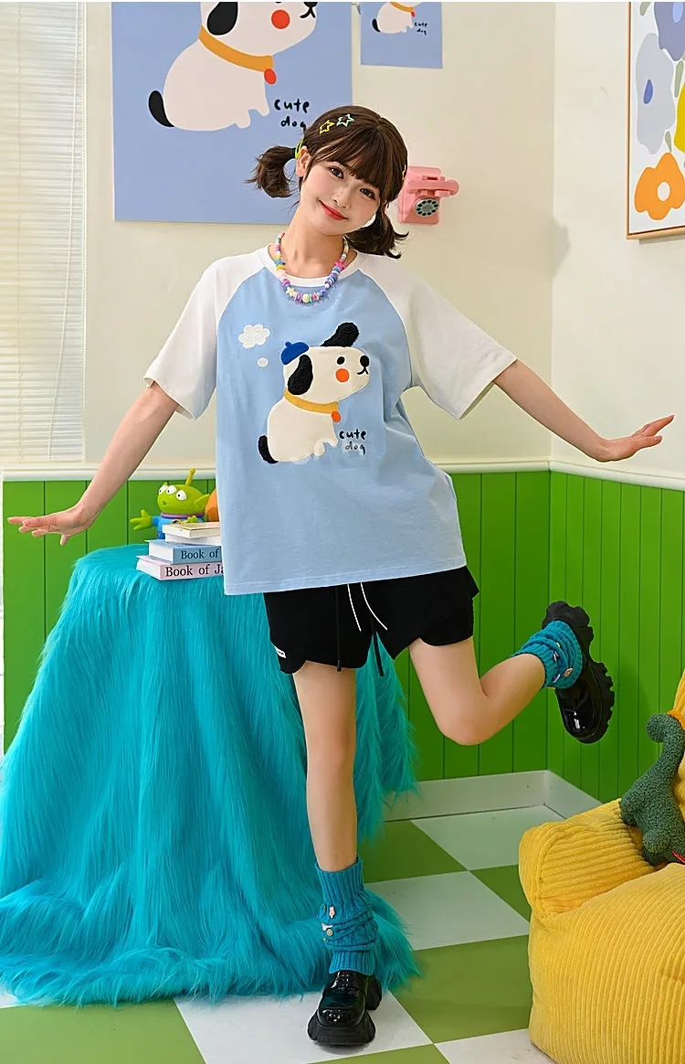 Kawaii Blue Cute Dog Print T-shirt