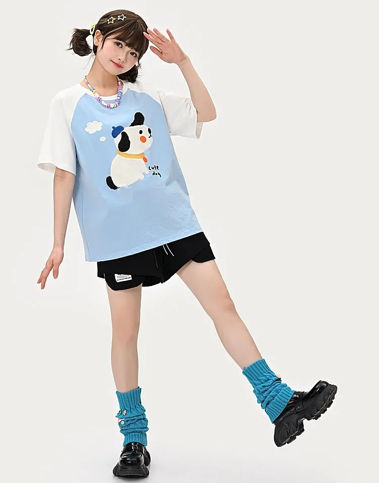 Kawaii Blue Cute Dog Print T-shirt