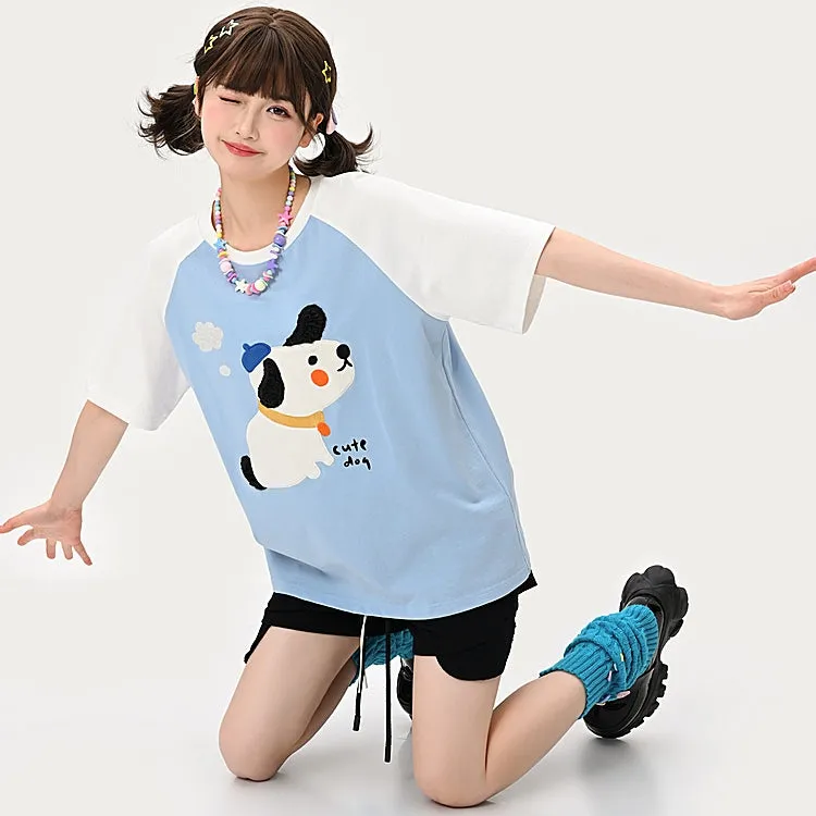 Kawaii Blue Cute Dog Print T-shirt