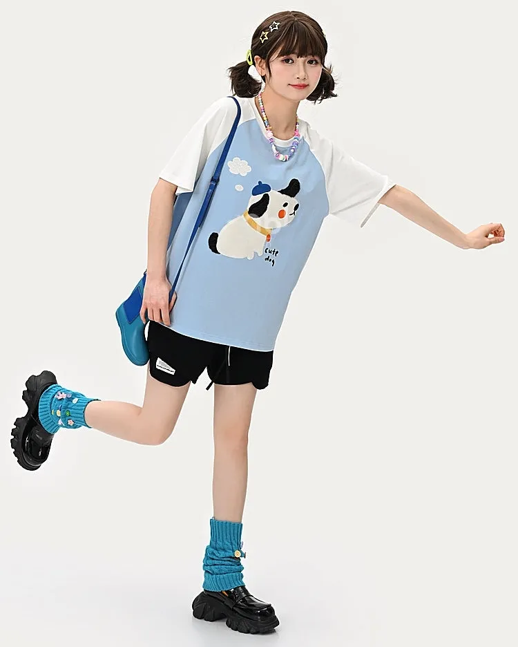 Kawaii Blue Cute Dog Print T-shirt