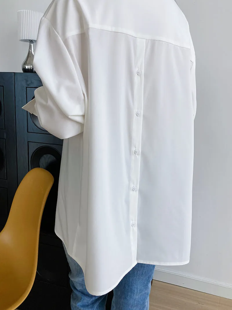 [Korean Style] 2 Color Back Button Loose Fit Button-down Blouse