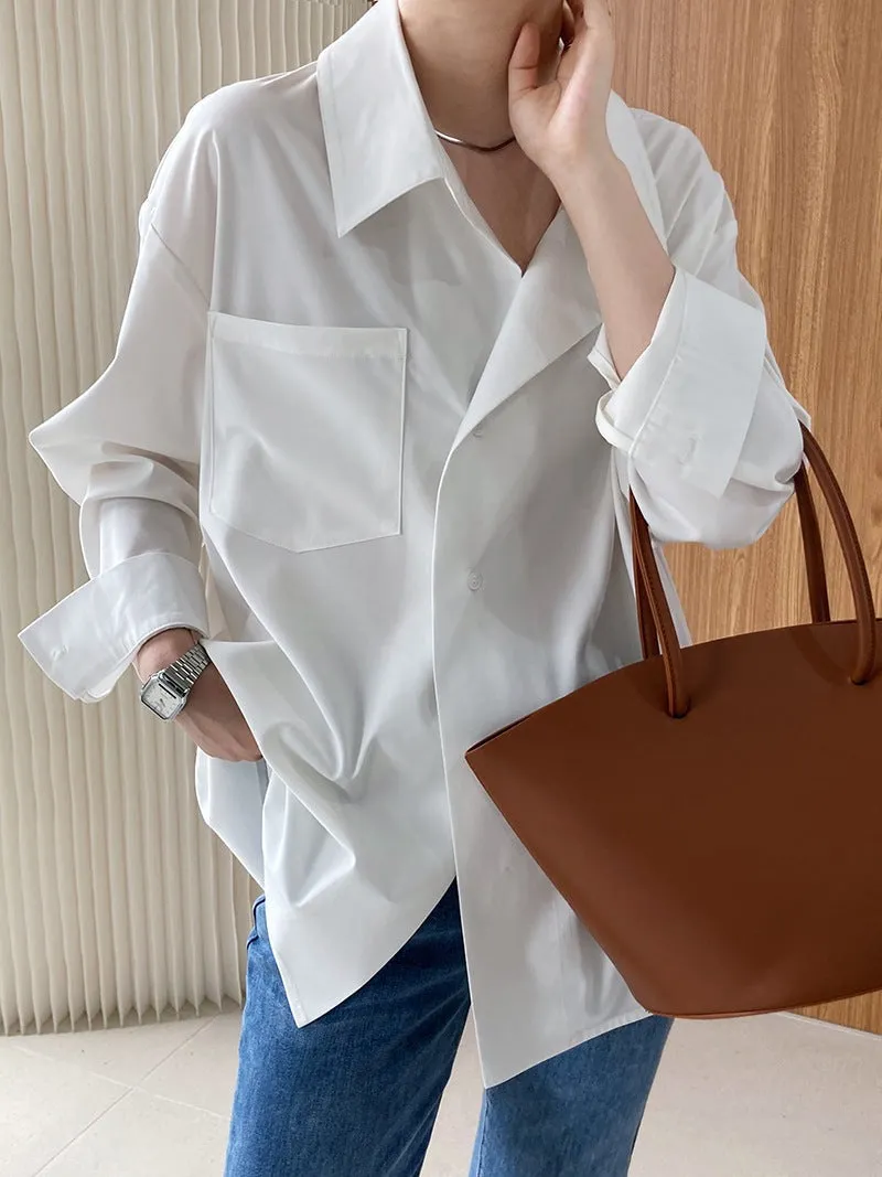 [Korean Style] 2 Color Back Button Loose Fit Button-down Blouse