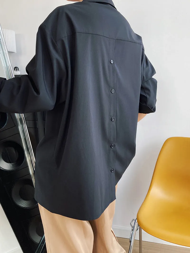 [Korean Style] 2 Color Back Button Loose Fit Button-down Blouse