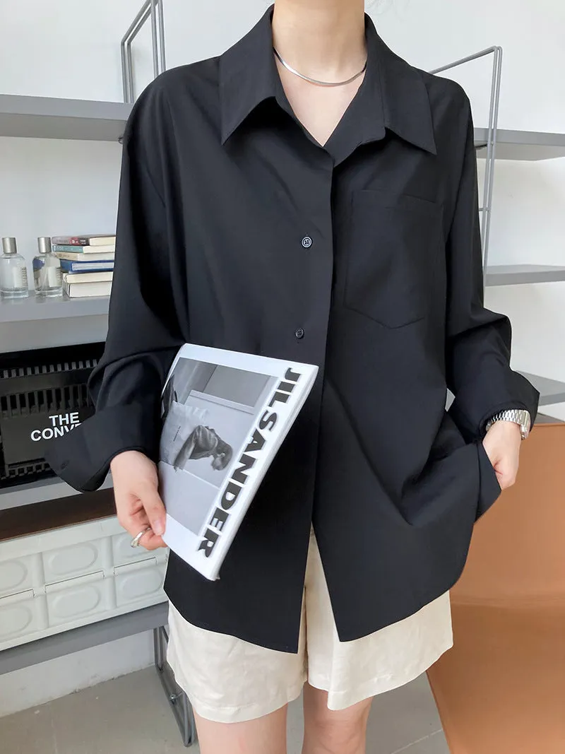 [Korean Style] 2 Color Back Button Loose Fit Button-down Blouse