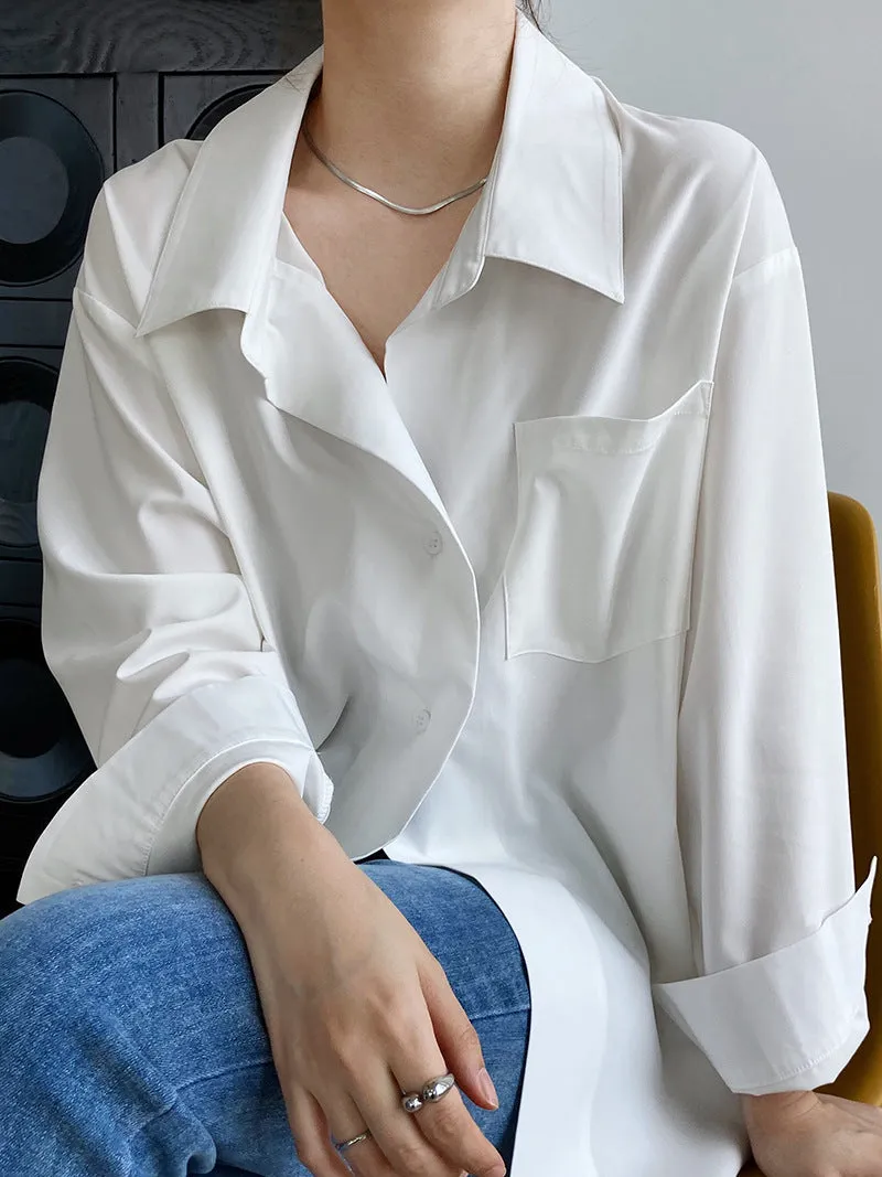 [Korean Style] 2 Color Back Button Loose Fit Button-down Blouse