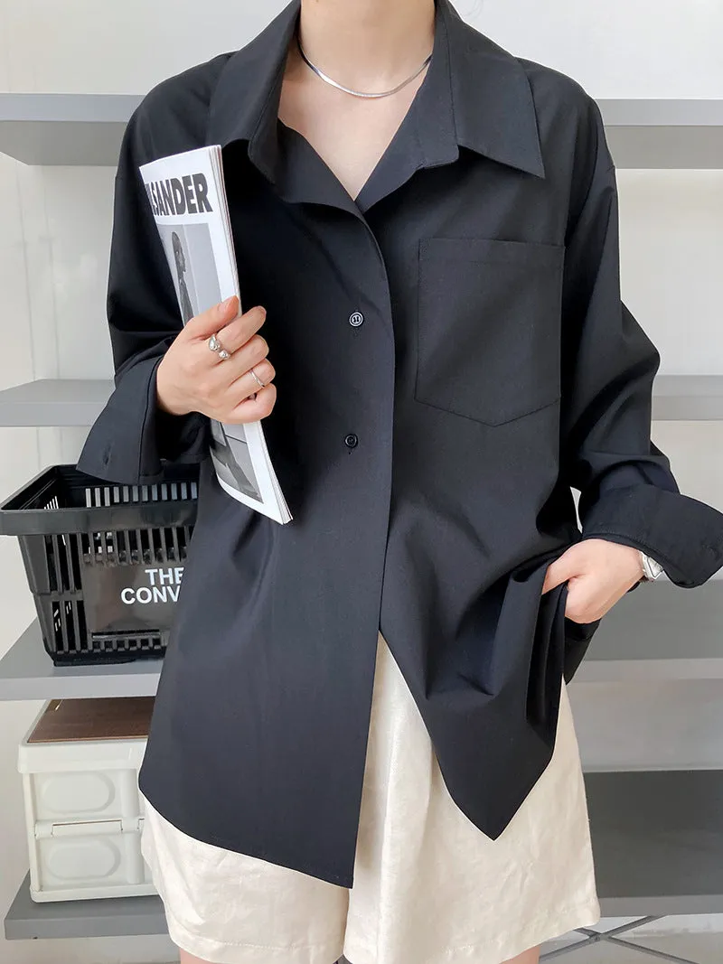 [Korean Style] 2 Color Back Button Loose Fit Button-down Blouse