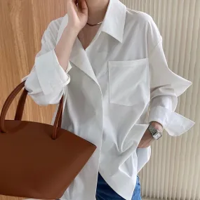 [Korean Style] 2 Color Back Button Loose Fit Button-down Blouse