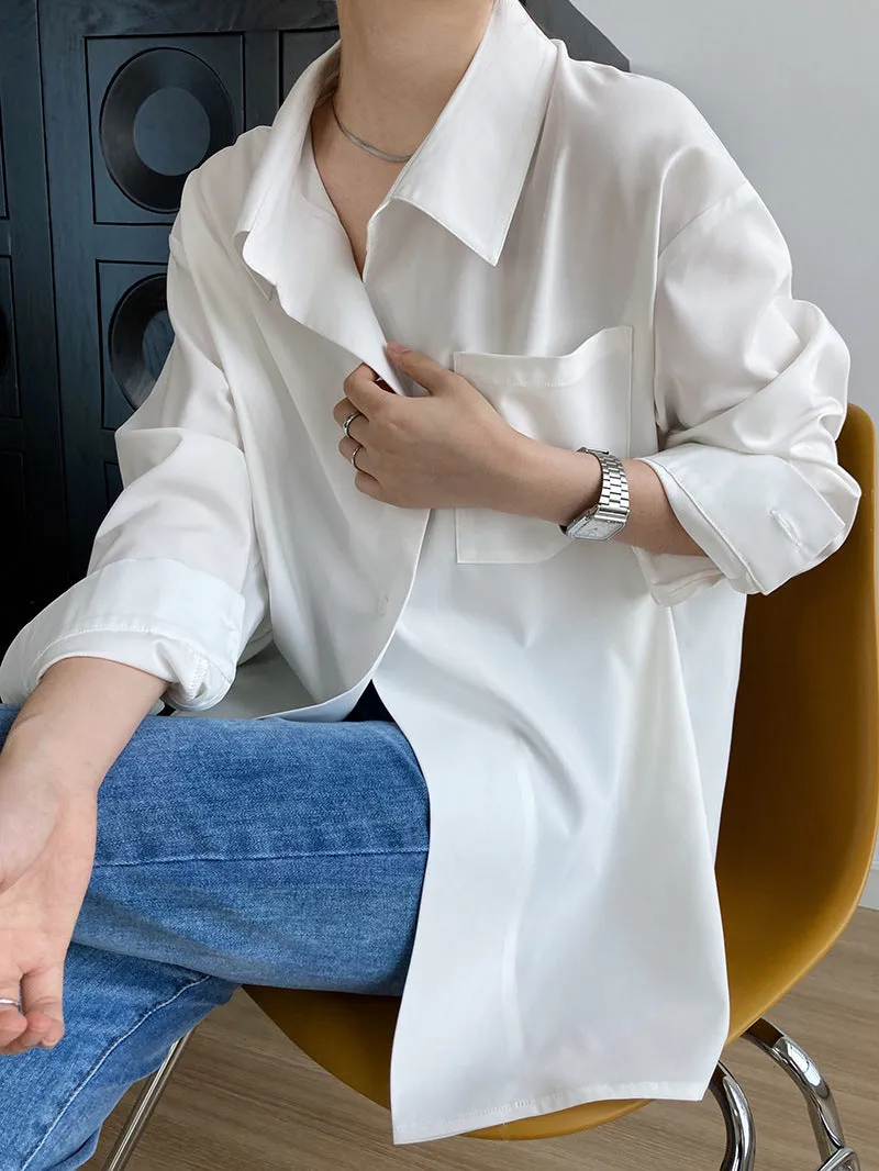 [Korean Style] 2 Color Back Button Loose Fit Button-down Blouse