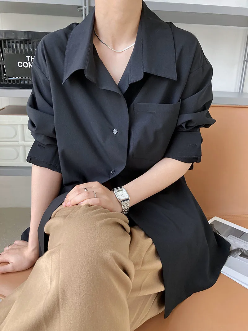 [Korean Style] 2 Color Back Button Loose Fit Button-down Blouse