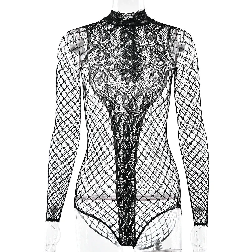 REALAIOT 2025 style sexy hot girls women's onesie, hot diamond hollowed out long-sleeved round neck tights cross-border