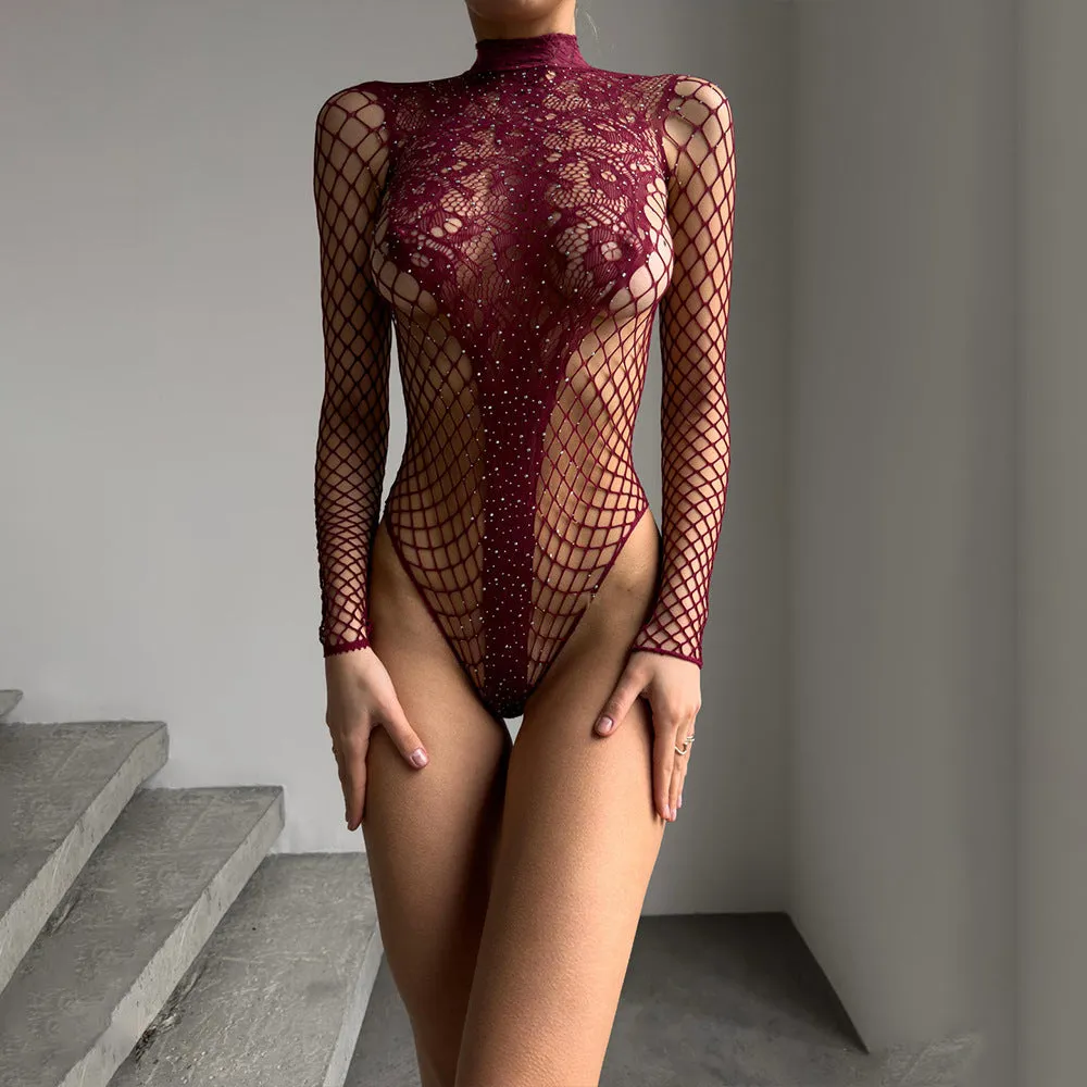 REALAIOT 2025 style sexy hot girls women's onesie, hot diamond hollowed out long-sleeved round neck tights cross-border