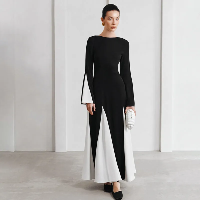 REALAIOT  Sanhu Lianjiang H24DS303 2025 women's clothing autumn and winter new black and white contrasting color splicing long-sleeved waist long skirt wholesale