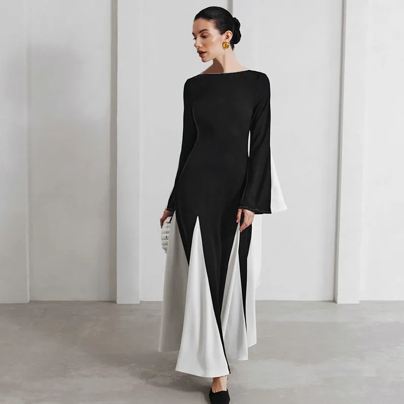 REALAIOT  Sanhu Lianjiang H24DS303 2025 women's clothing autumn and winter new black and white contrasting color splicing long-sleeved waist long skirt wholesale