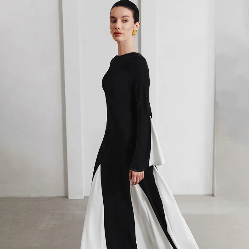 REALAIOT  Sanhu Lianjiang H24DS303 2025 women's clothing autumn and winter new black and white contrasting color splicing long-sleeved waist long skirt wholesale