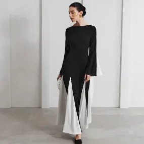 REALAIOT  Sanhu Lianjiang H24DS303 2025 women's clothing autumn and winter new black and white contrasting color splicing long-sleeved waist long skirt wholesale