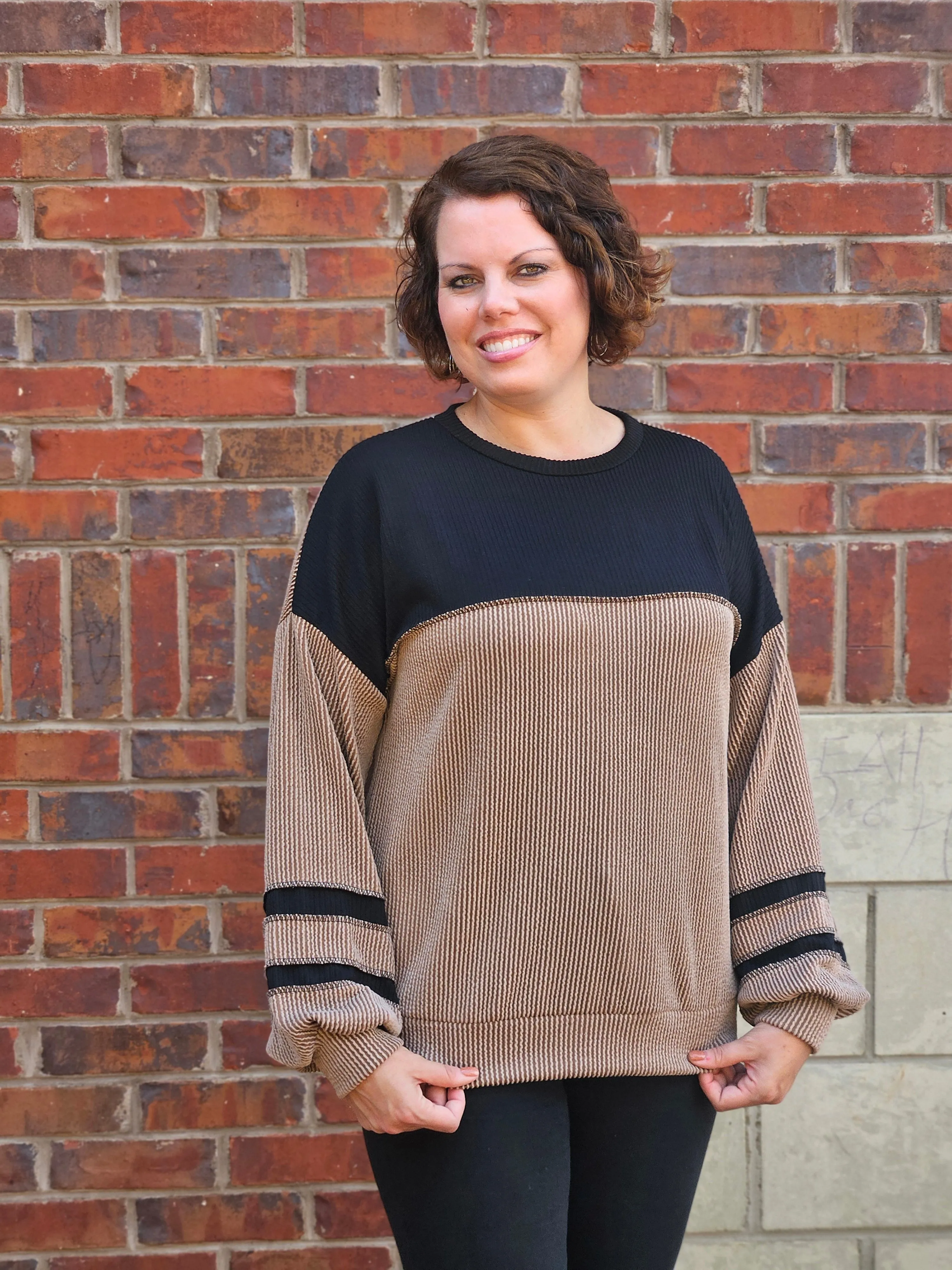 Ribbed Color Block Top in Mocha