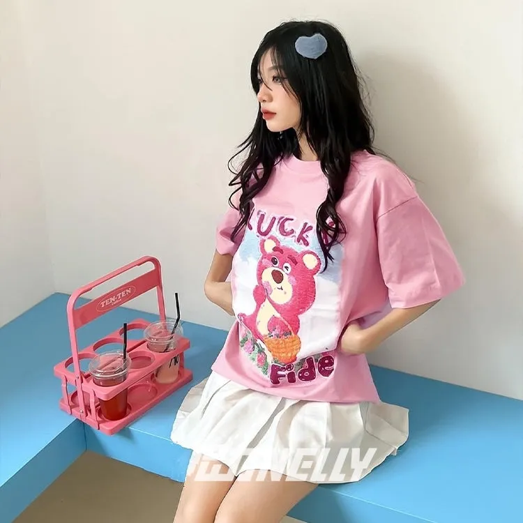 SoftGril Style Pink Cartoon Bear Oversized T-Shirt