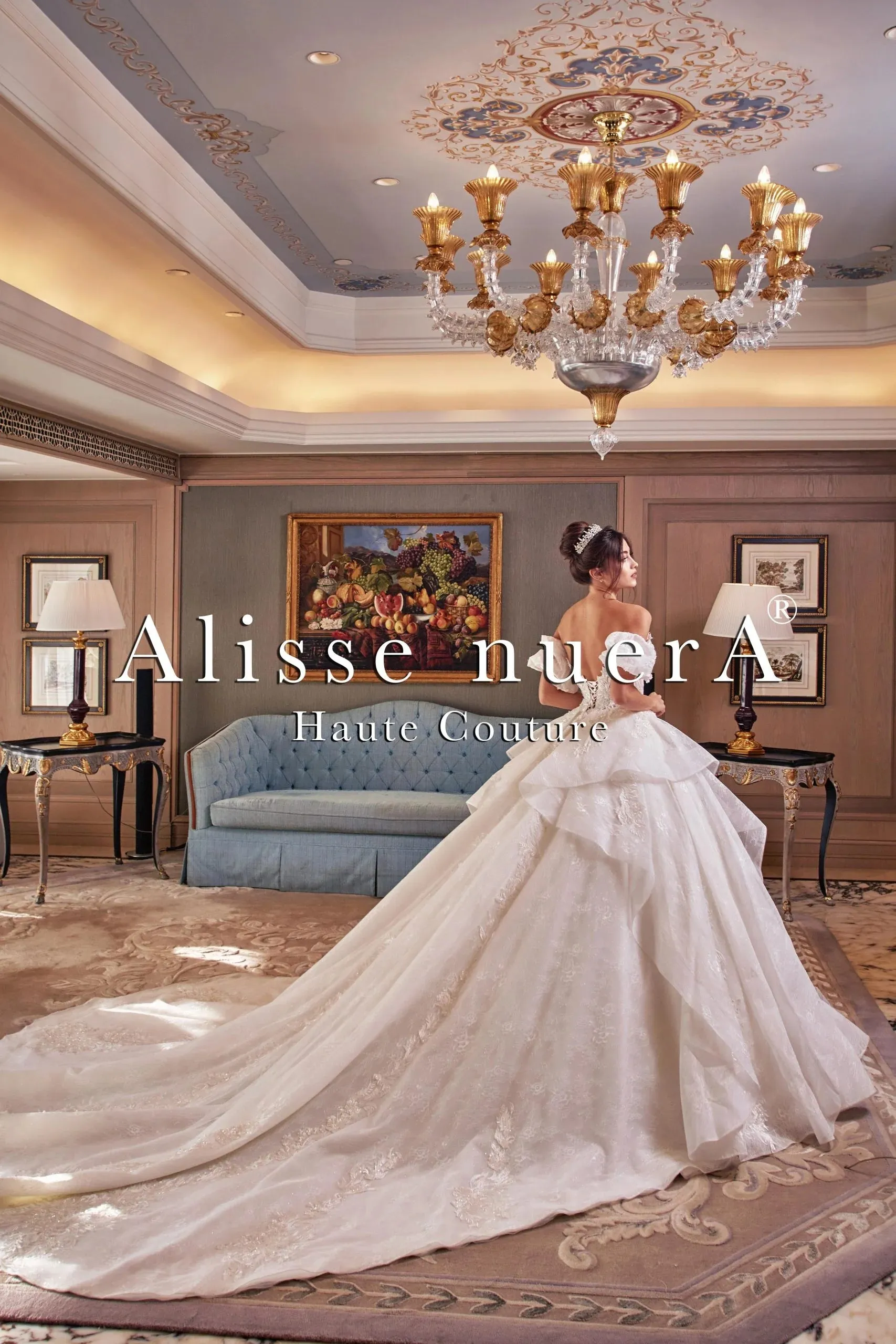 Strapless Balloon Sleeve Ball Gown Wedding Dress with Multi Layered Lace Tulle Skirt