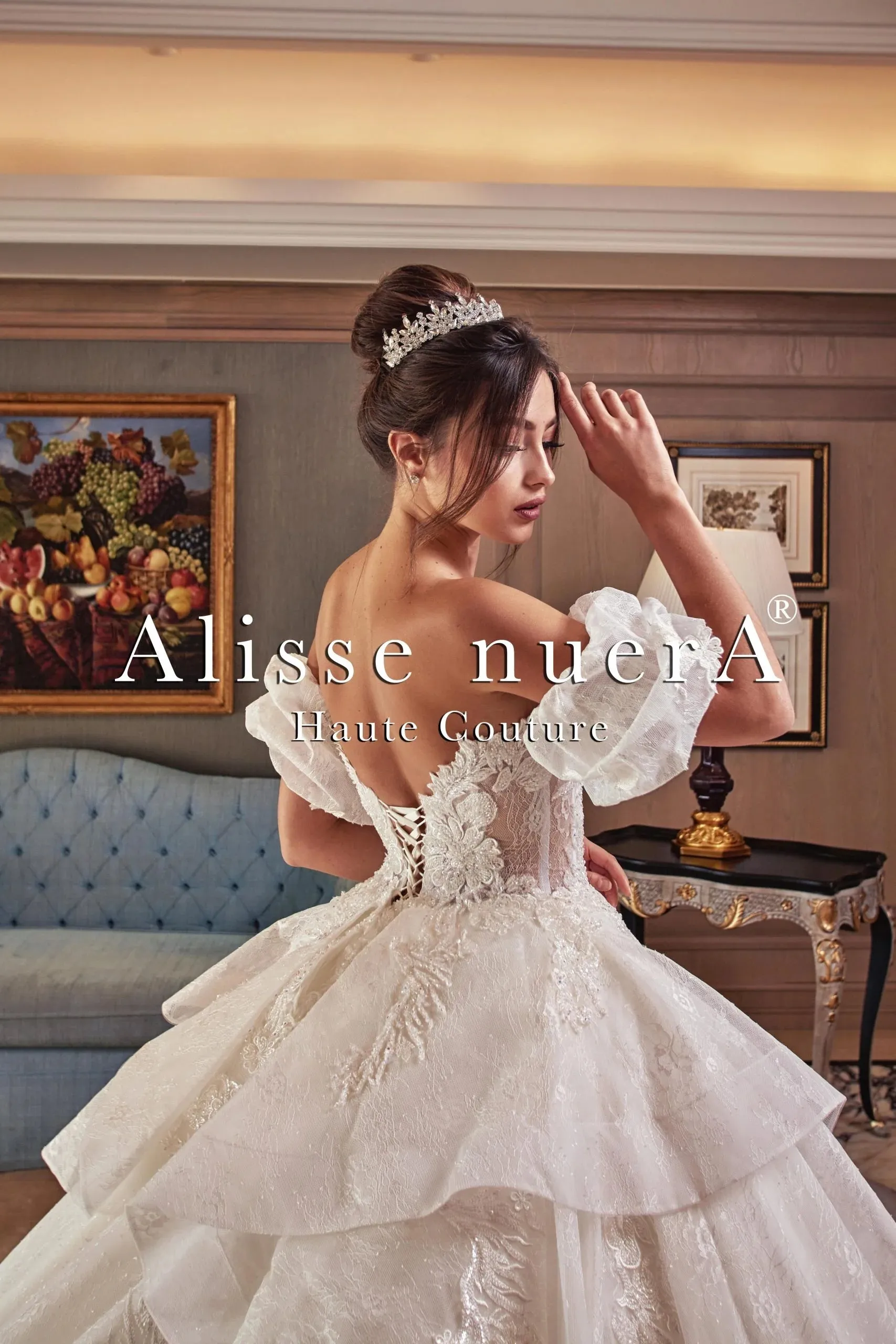 Strapless Balloon Sleeve Ball Gown Wedding Dress with Multi Layered Lace Tulle Skirt