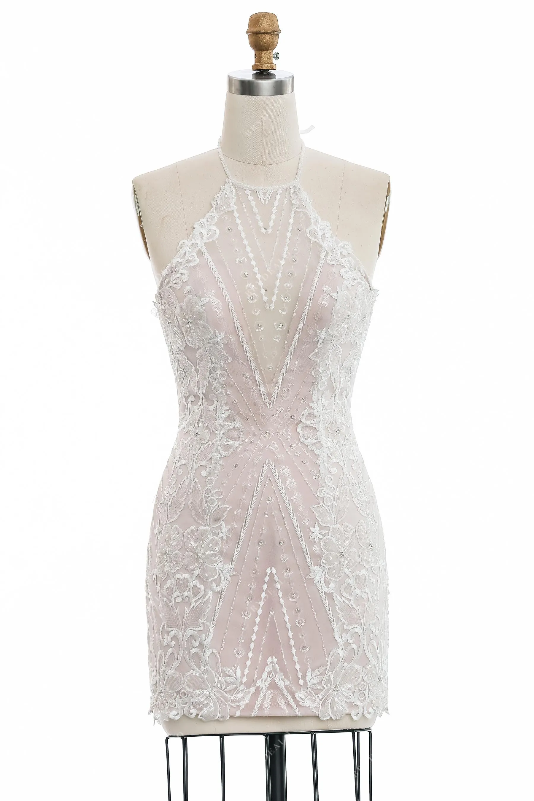 Stylish Beaded Lace Pink Bodycon Wedding Dress with Overskirt