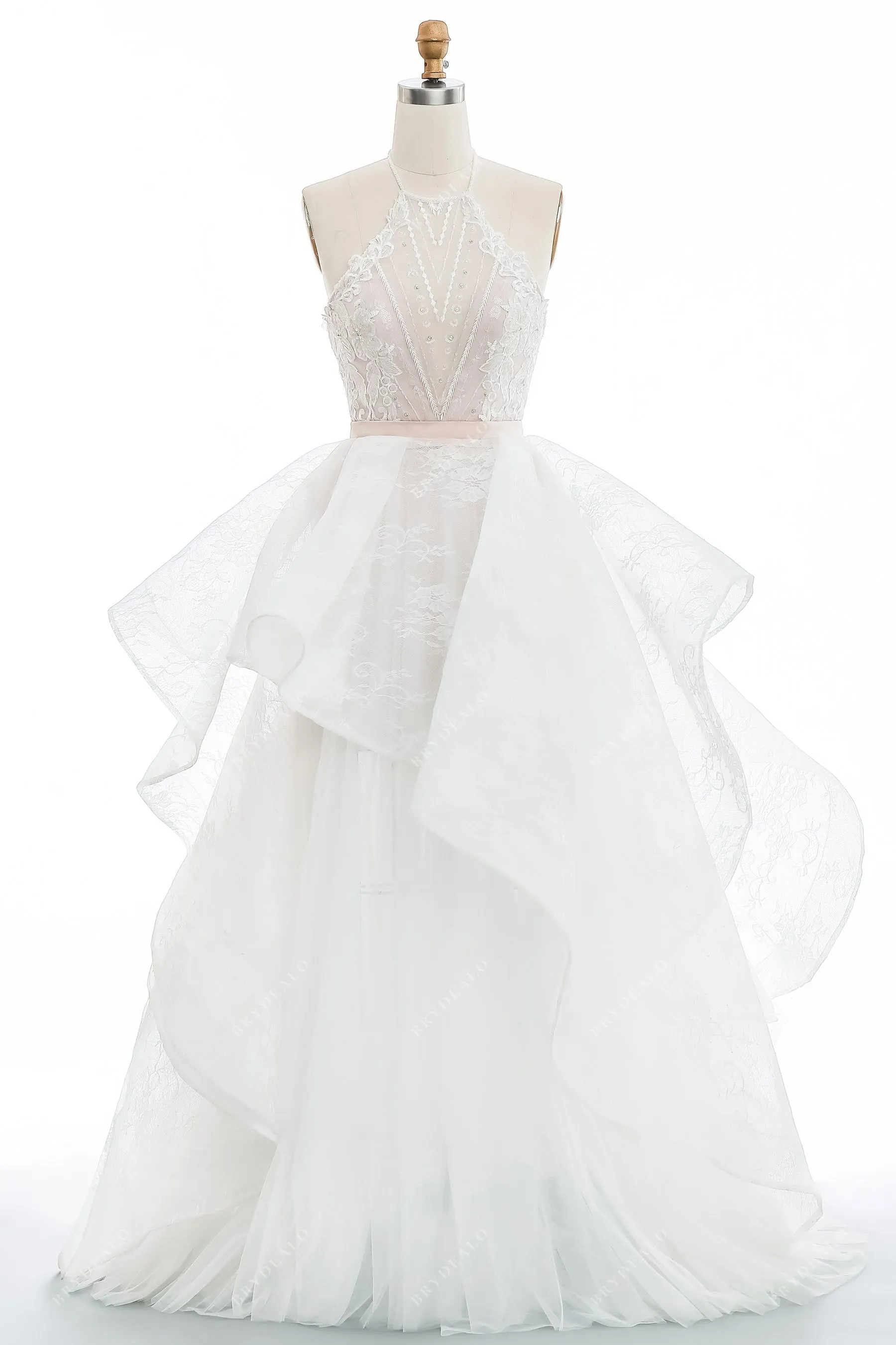 Stylish Beaded Lace Pink Bodycon Wedding Dress with Overskirt