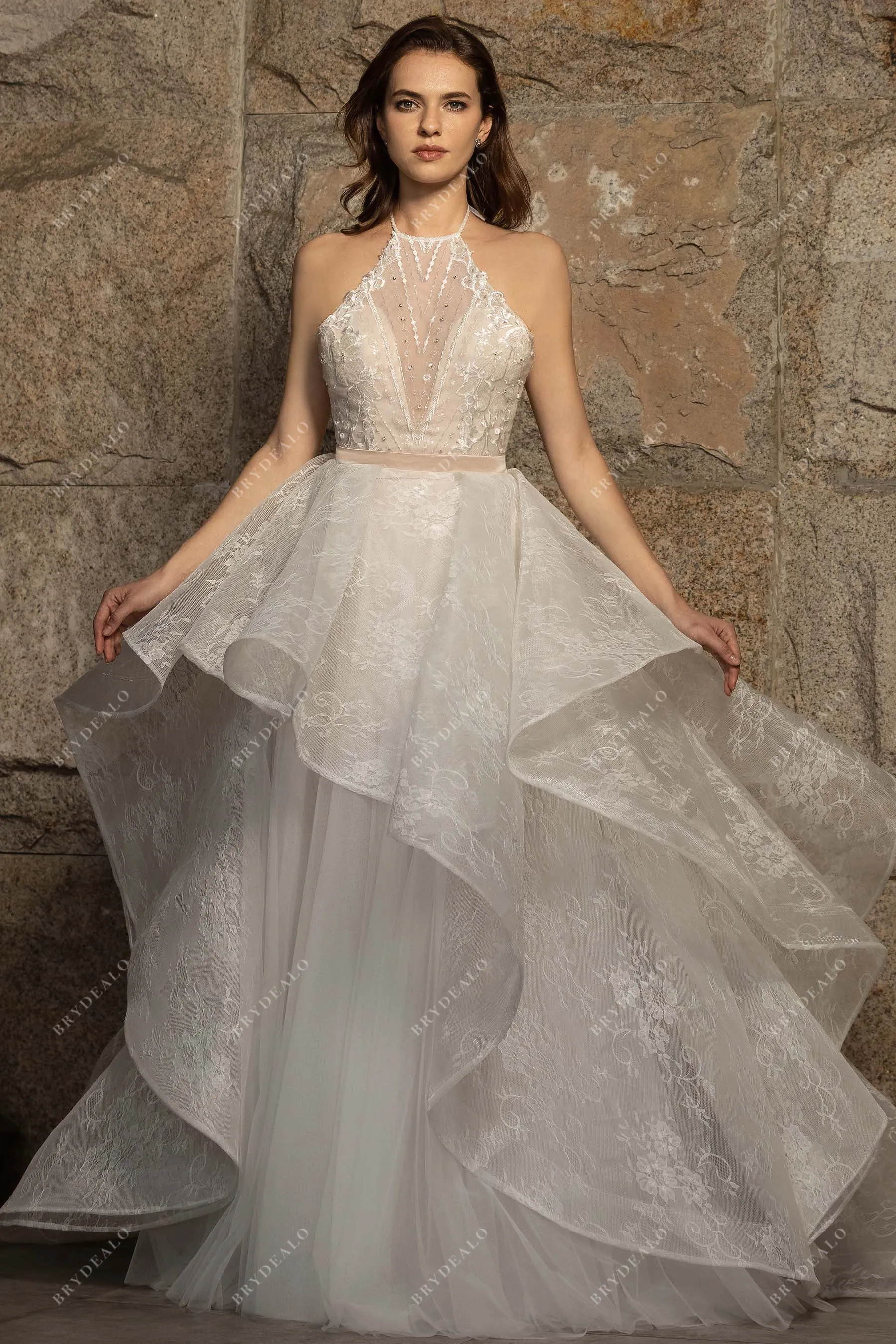 Stylish Beaded Lace Pink Bodycon Wedding Dress with Overskirt
