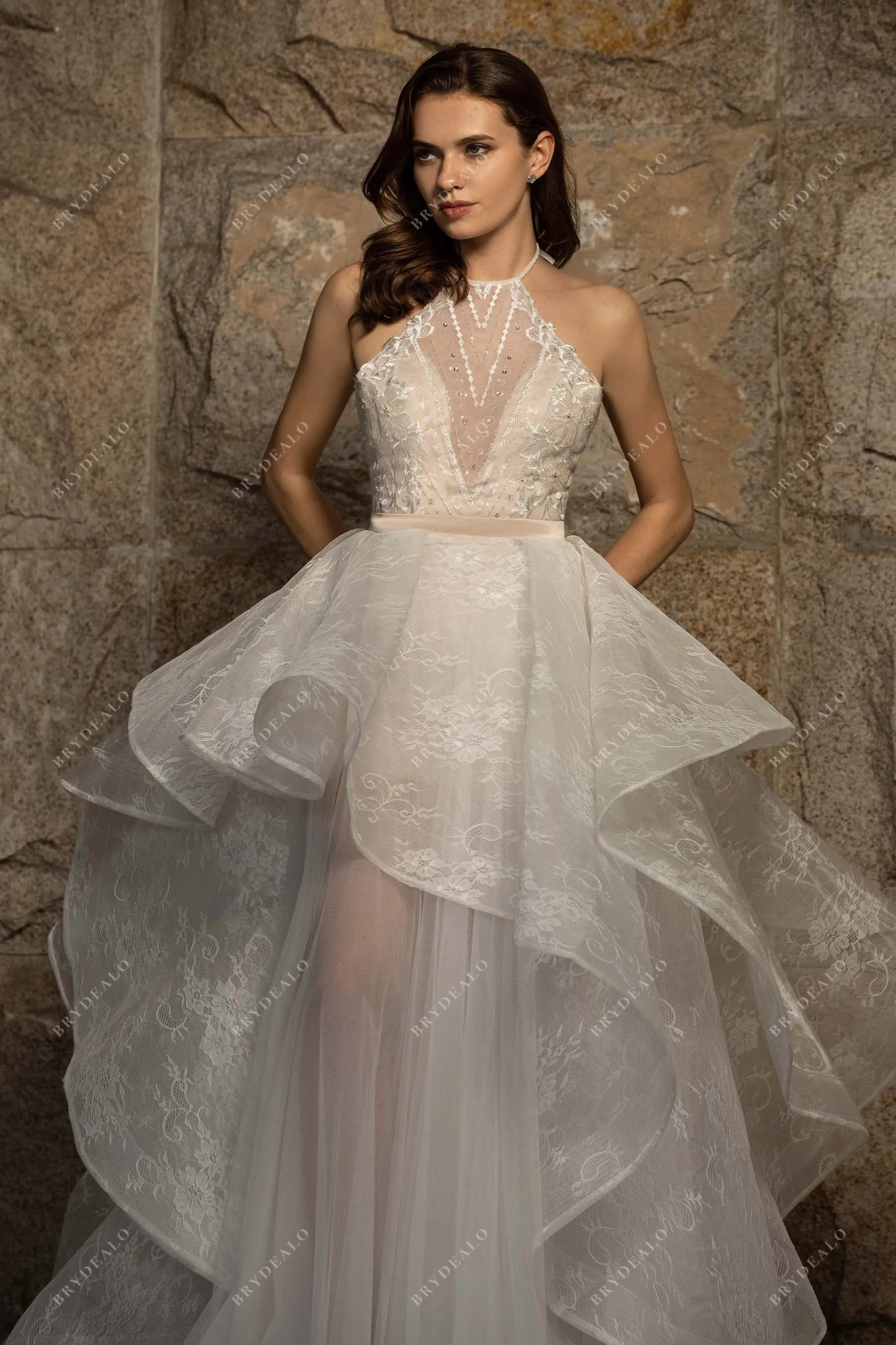 Stylish Beaded Lace Pink Bodycon Wedding Dress with Overskirt