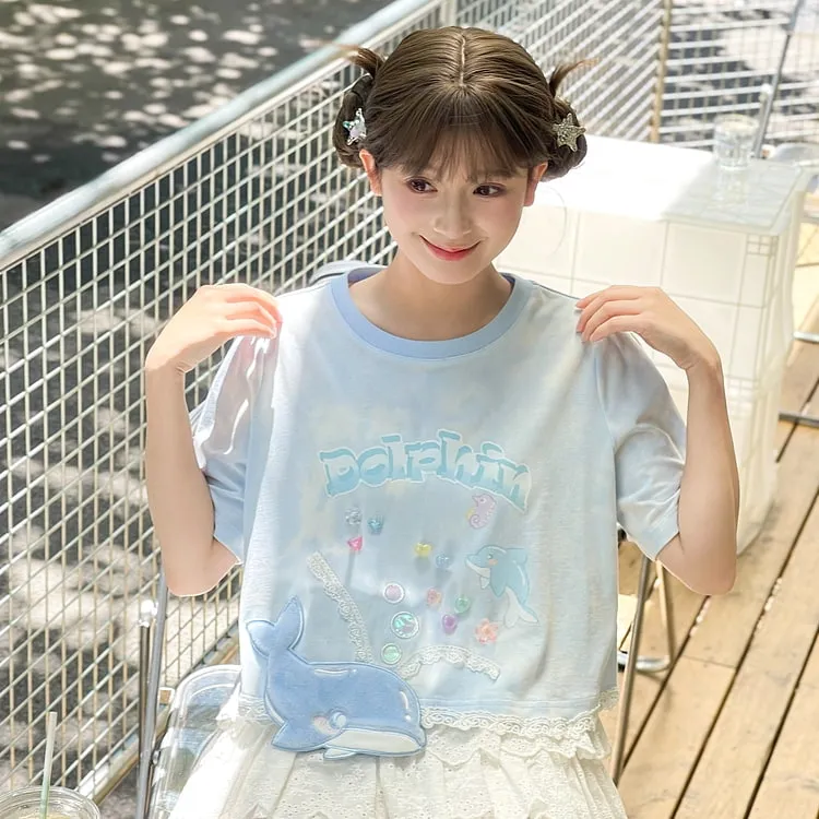 Summer Sweet Girl Style Blue Little Whale T-shirt