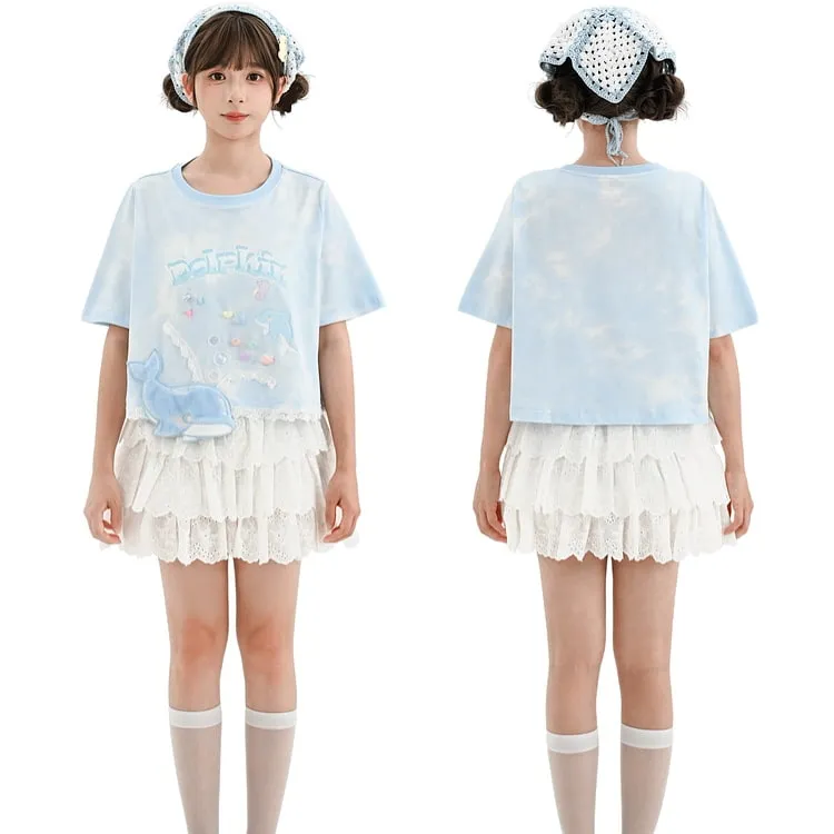 Summer Sweet Girl Style Blue Little Whale T-shirt