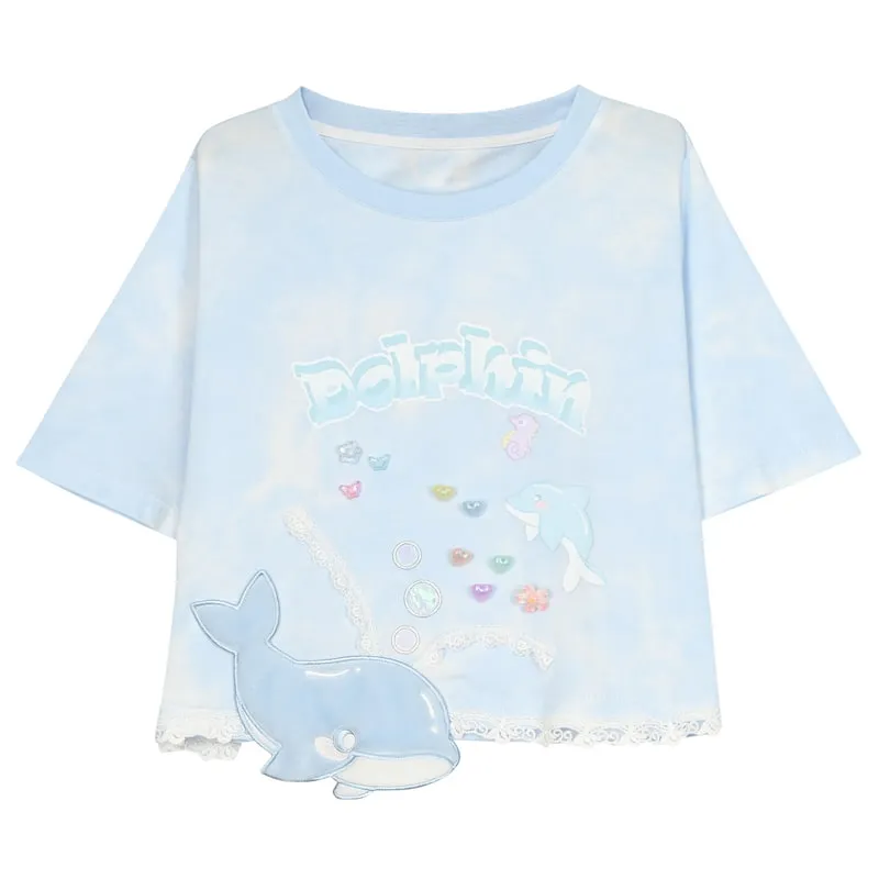 Summer Sweet Girl Style Blue Little Whale T-shirt