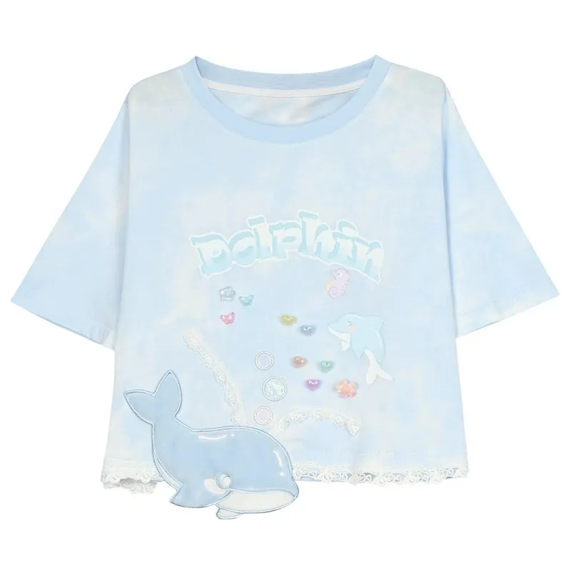 Summer Sweet Girl Style Blue Little Whale T-shirt
