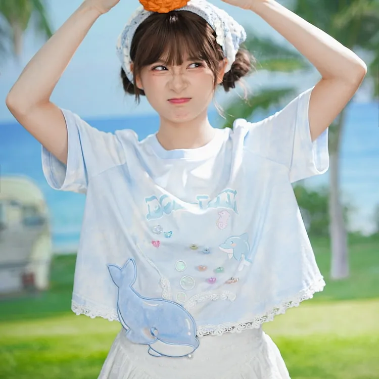 Summer Sweet Girl Style Blue Little Whale T-shirt